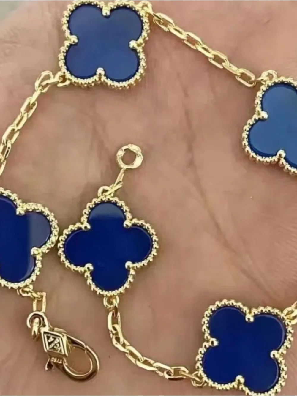 Gold-Plated Blue Clover Link Bracelet - Women Jewelry - 7.5”